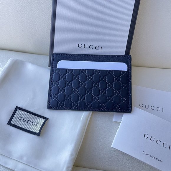 New Gucci Micro Guccissima GG Logo Leather Navy Blue Card Holder 100% authentic - Picture 1 of 5